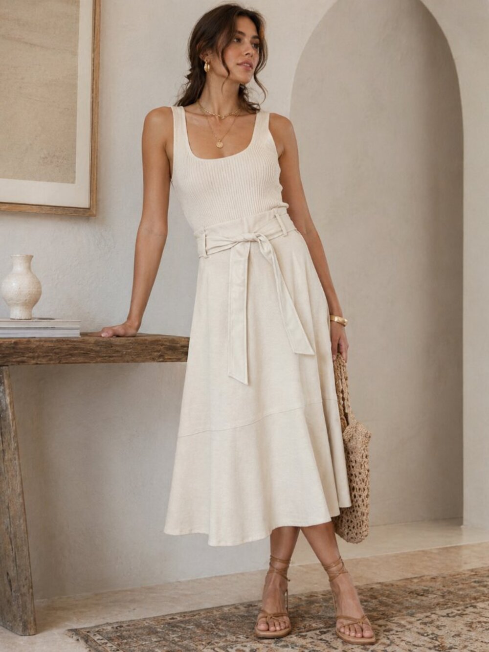 Catherine Malandrino Cream Ivory Knit Belted Stretch Midi Maxi Skirt Size S New
